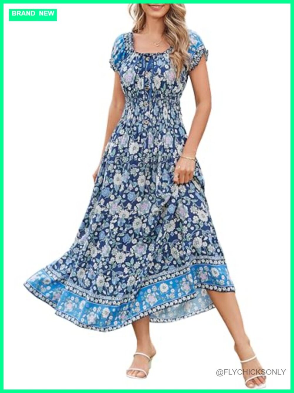 Boho Floral Maxi Dress 100% Rayon Short Ruffled Sleeves A-Line Summer